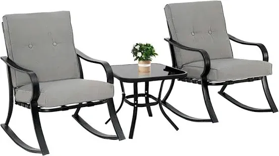 Oakmont Outdoor Furniture 3 Piece Conversation Bistro Set Rocking Chairs and Glass Top Table, Thick Cushions, Black Steel (Grey)