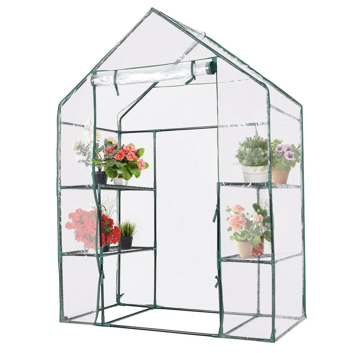 Giantex Greenhouse Outdoor Large Walk-in Plant Green House with 3 Tier Shelves for Plants, Herb and Flower with Door and Sturdy Frame (White)