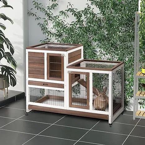 PawHut Wooden Rabbit Hutch Elevated Bunny Cage Indoor Small Animal Habitat with Enclosed Run with Wheels, Ramp, Removable Tray Ideal for Guinea Pigs, Brown