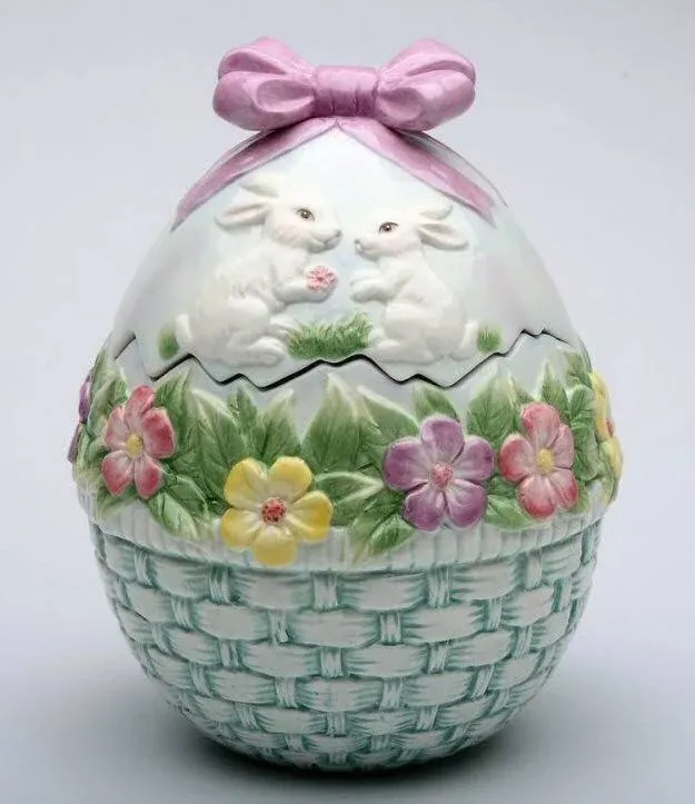 7.38 inch Ceramic Egg Shaped Cookie Jar with Flowers and Rabbits