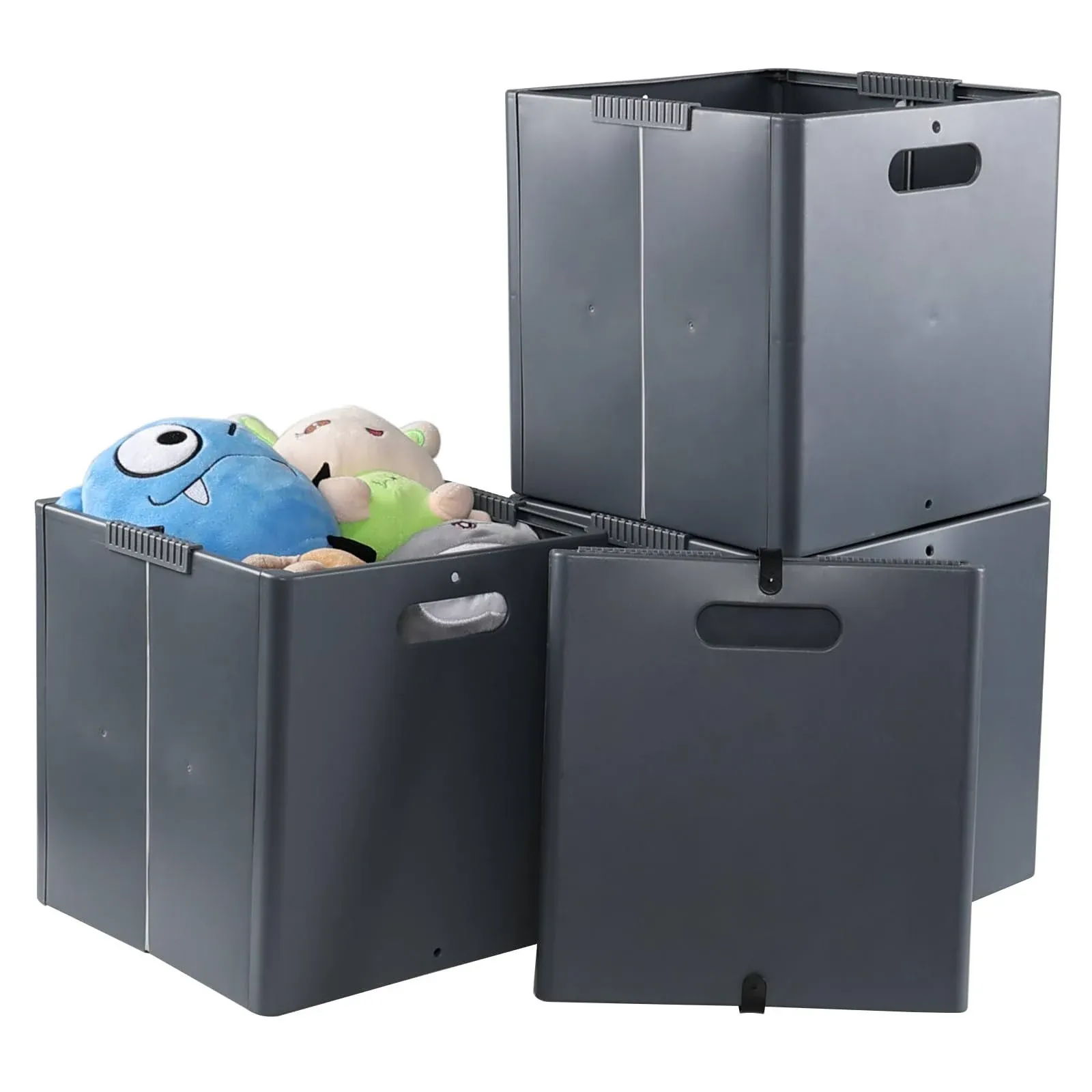 4 Pack Plastic Foldable Storage Cubes Grey Collapsible Bin Crate