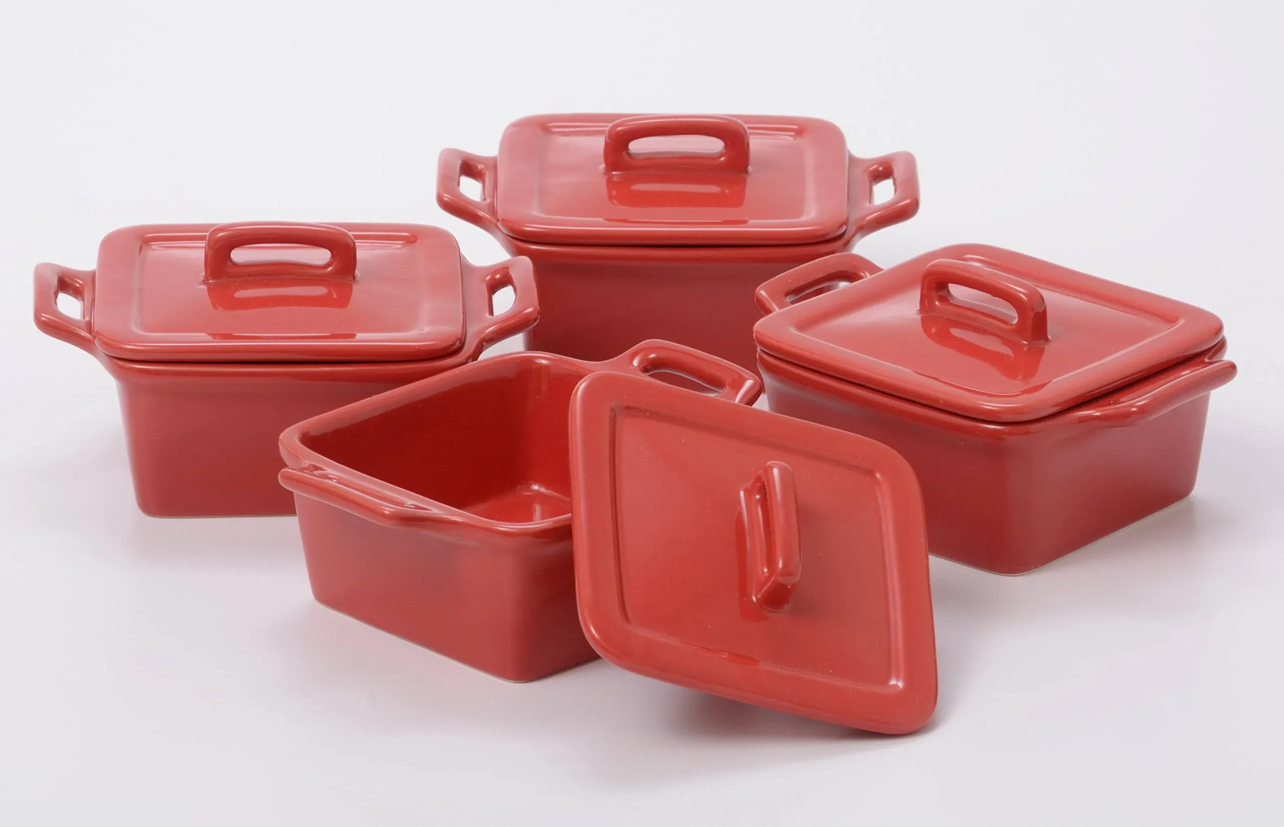 O-Ware Red Stoneware Mini Square Baker with Lid, Set of 4