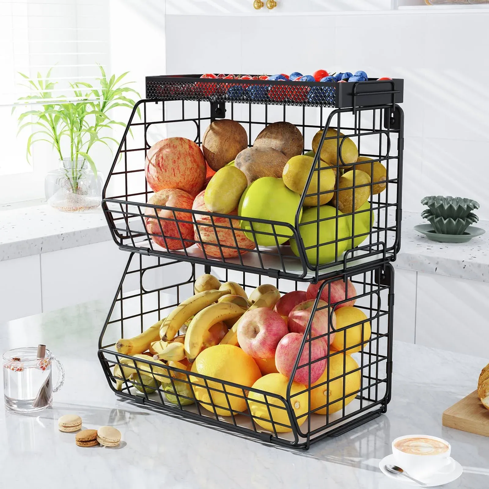 3-Tier Stackable Fruit Basket Kitchen Potato Onion Storage with Wire Bakset Top,