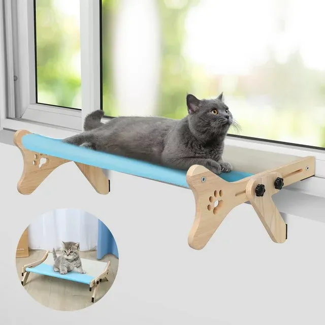 HEQUSIGNS Cat Sill Window Perch, Cat Window Perch with Wood Frame for Large Cats, Adjustable Cat Window Bed for Windowsill, Bedside, Drawer and Cabinet(Upgrade Blue)