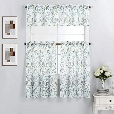 3 Piece Kitchen Window Curtain Panel Tiers and Valance Set (36 inch Tiers Set, Blossoms Blue), Size: 36TiersSet