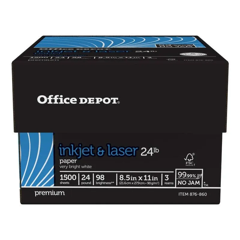 Office Depot Very Bright White Laser Paper, 8.5" x 11", 24 lb, 30% Recycled, Ream ...