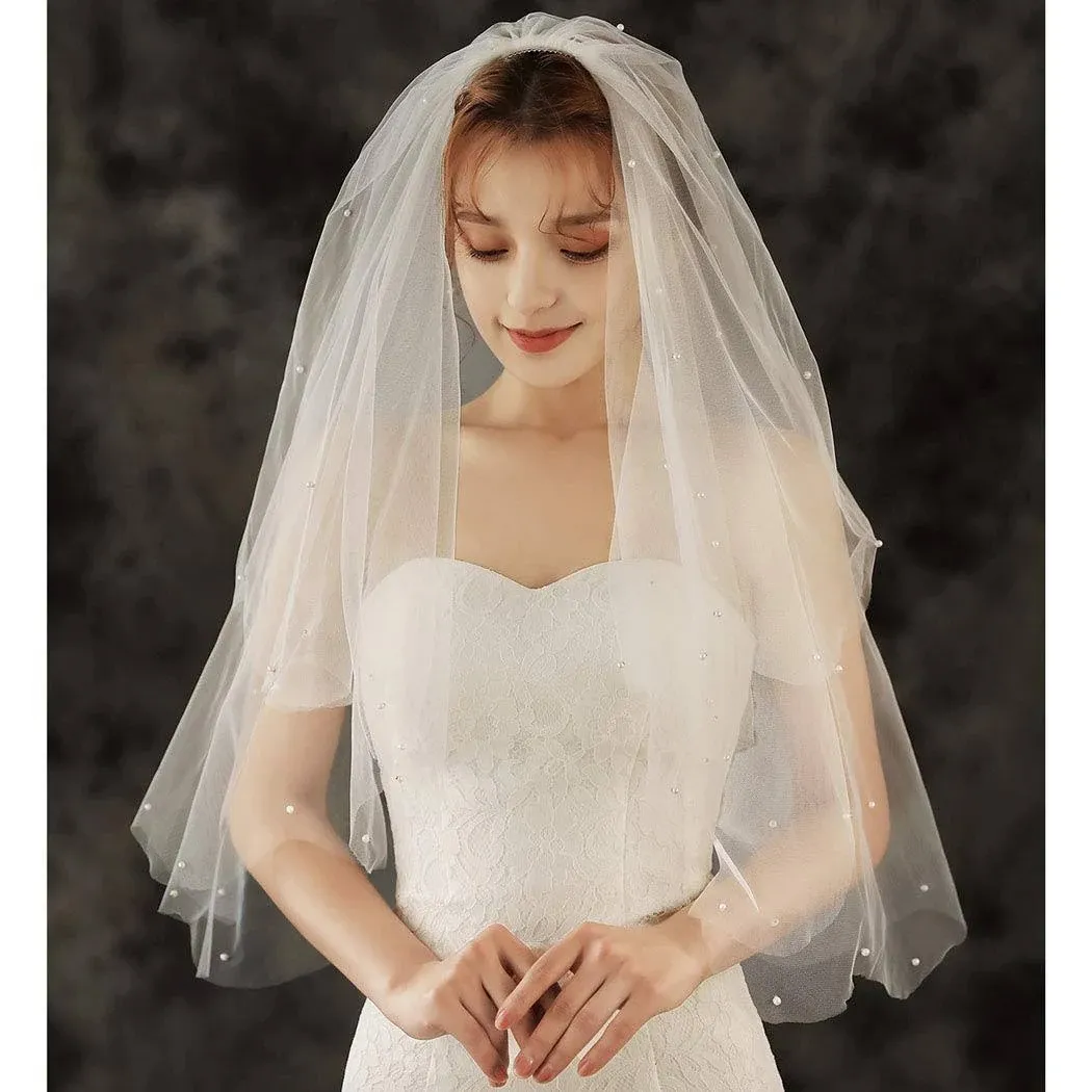 Brinote Pearl Bride Wedding Veil with Comb 2 Tier Short Hip Length Bridal Veils ...