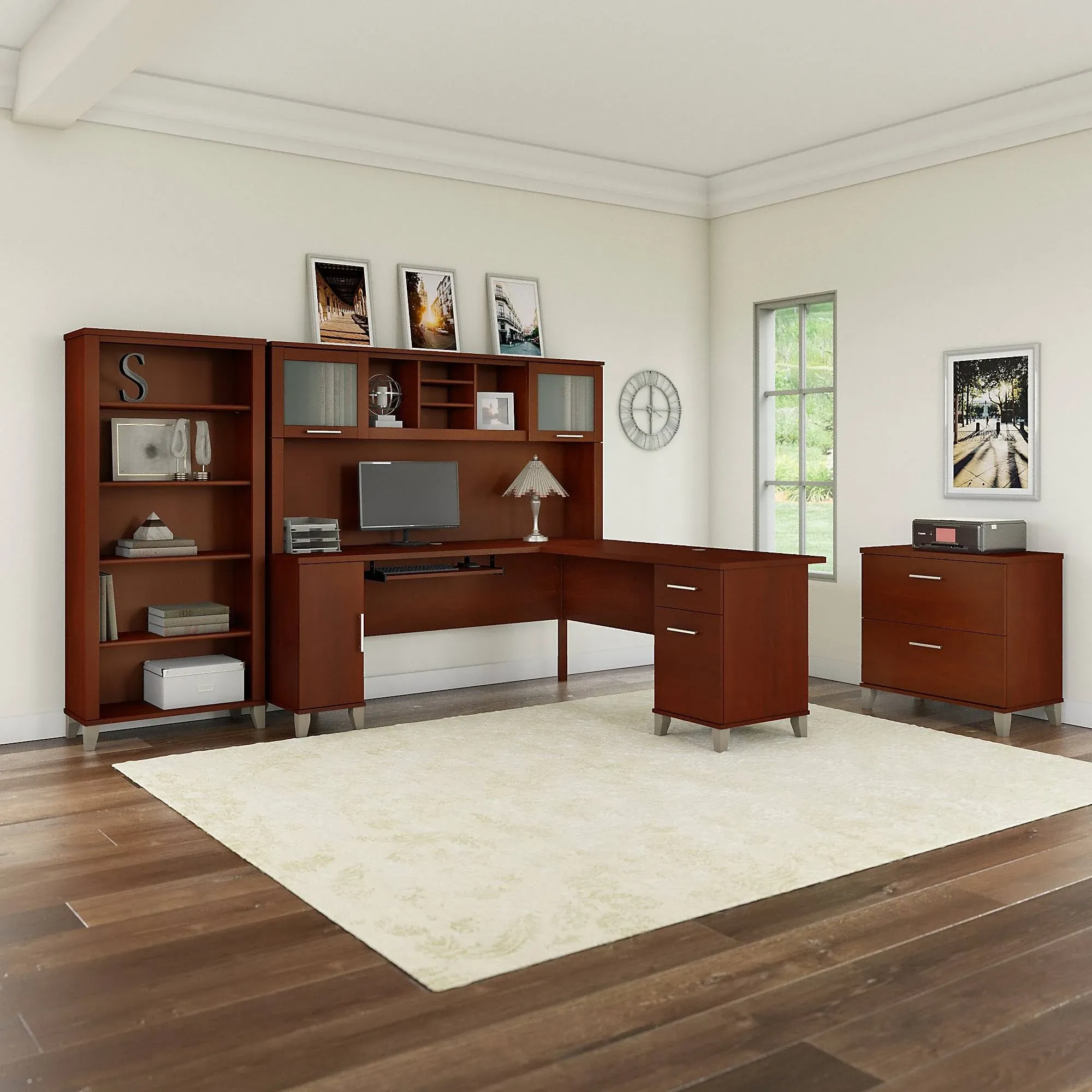 Bush Furniture Somerset 72W L Shaped Desk with Hutch, Lateral File Cabinet and Bookcase, Hansen Cherry