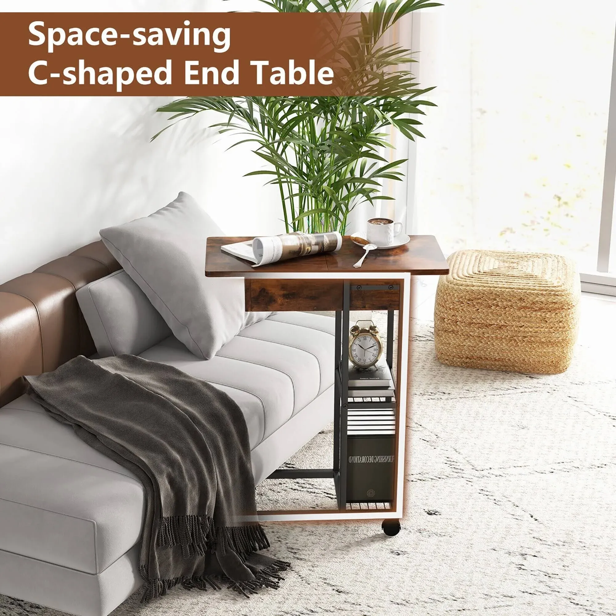 Sofa C Shaped End Table with Charging Station