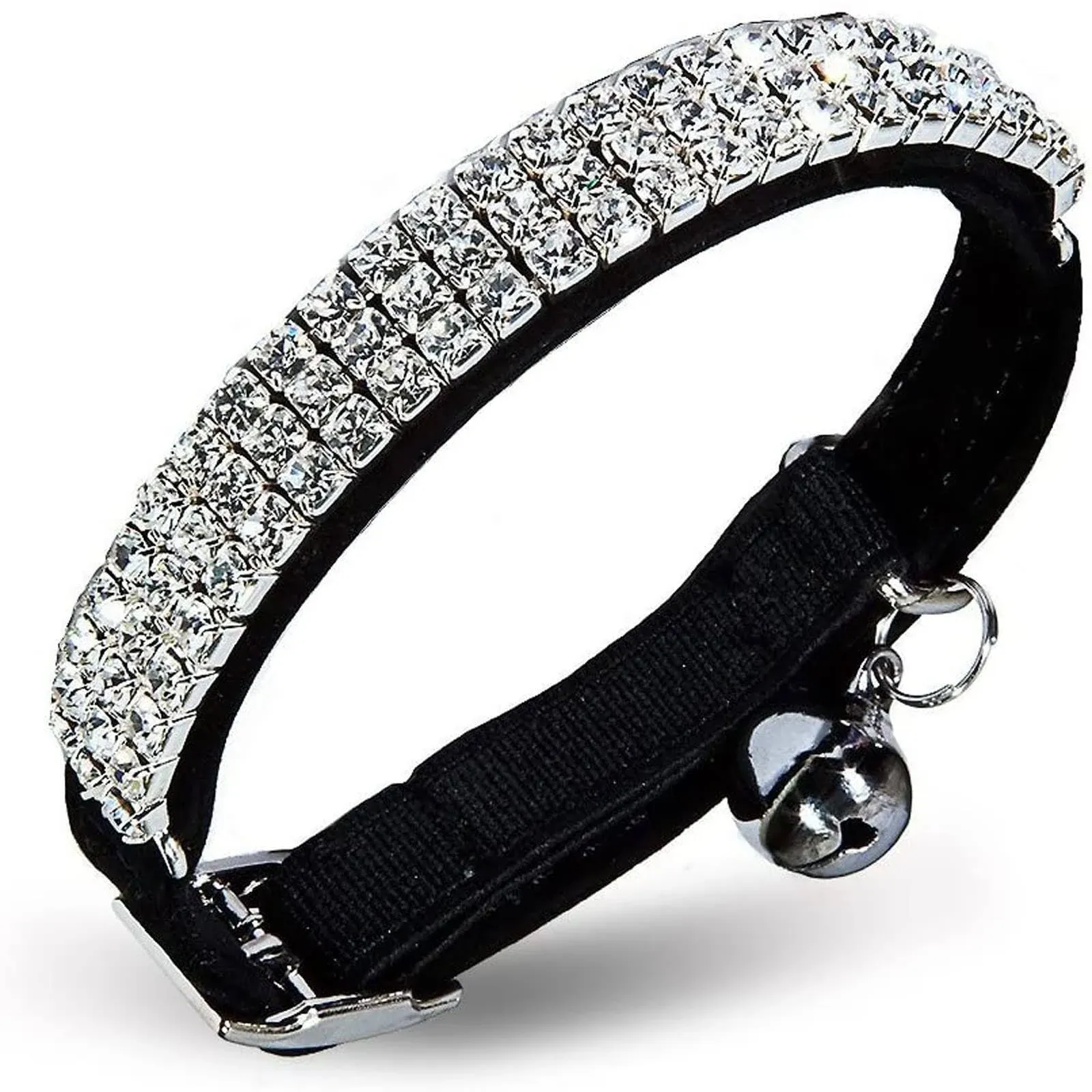 Chukchi Soft Velvet Safe Cat Adjustable Collar Bling Diamante with Bells,11 inch for Small Dogs and Cats (Black)