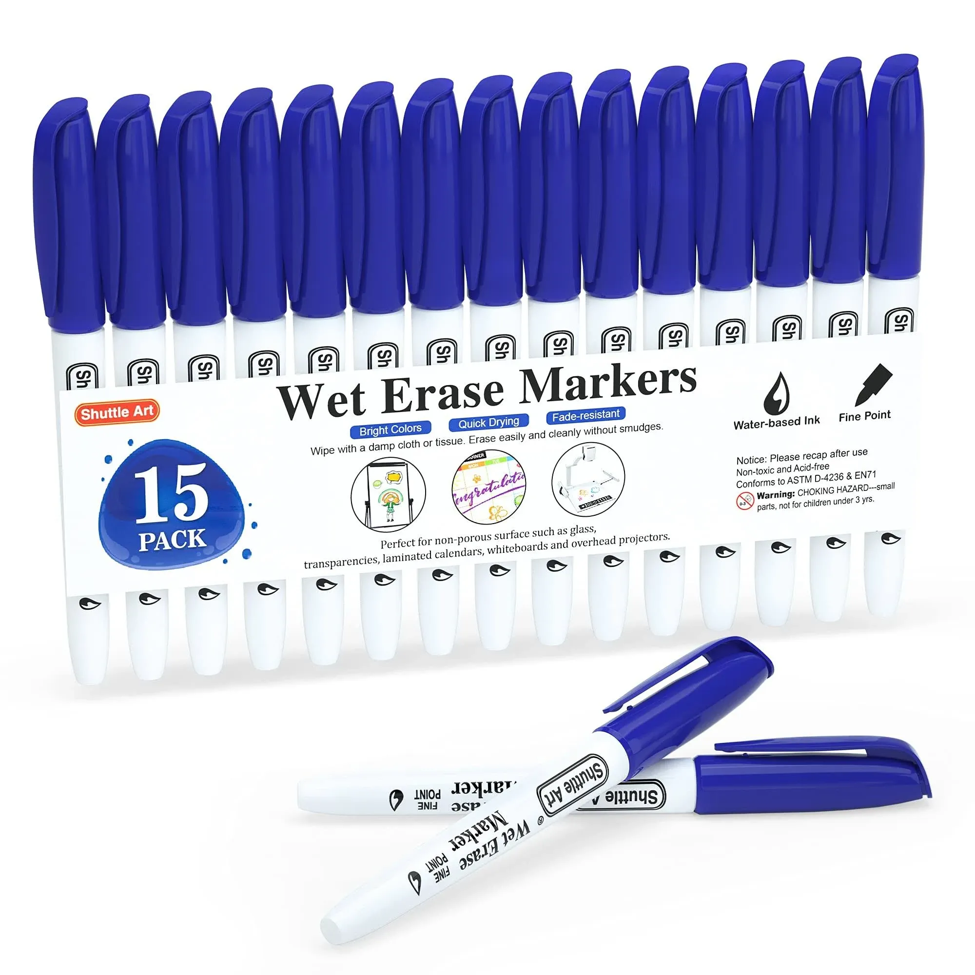 Shuttle Art Wet Erase Markers, 15 Pack Blue 1mm Fine Tip Smudge-Free Markers, Use on Laminated Calendars, Overhead Projectors, Schedules,