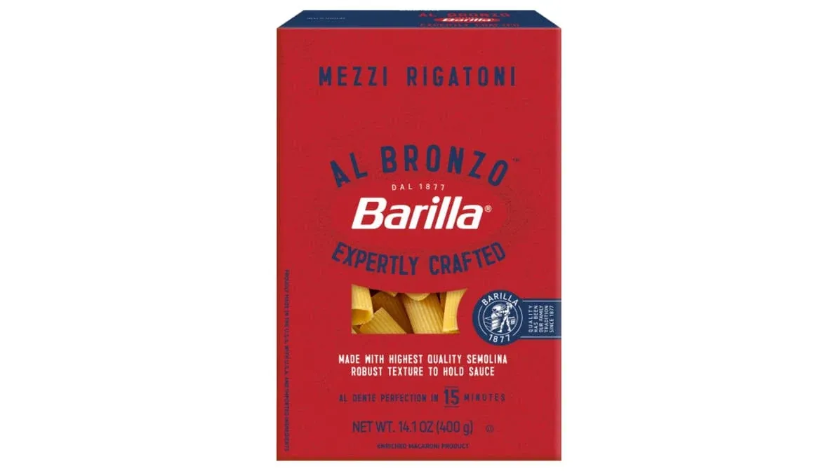 Barilla Al Bronzo Mezzi Rigatoni Pasta 14.1 oz. (Pack of 12), Bronze Cut Pasta Created from a Reserve Batch Durum Wheat, Non-GMO, Kosher