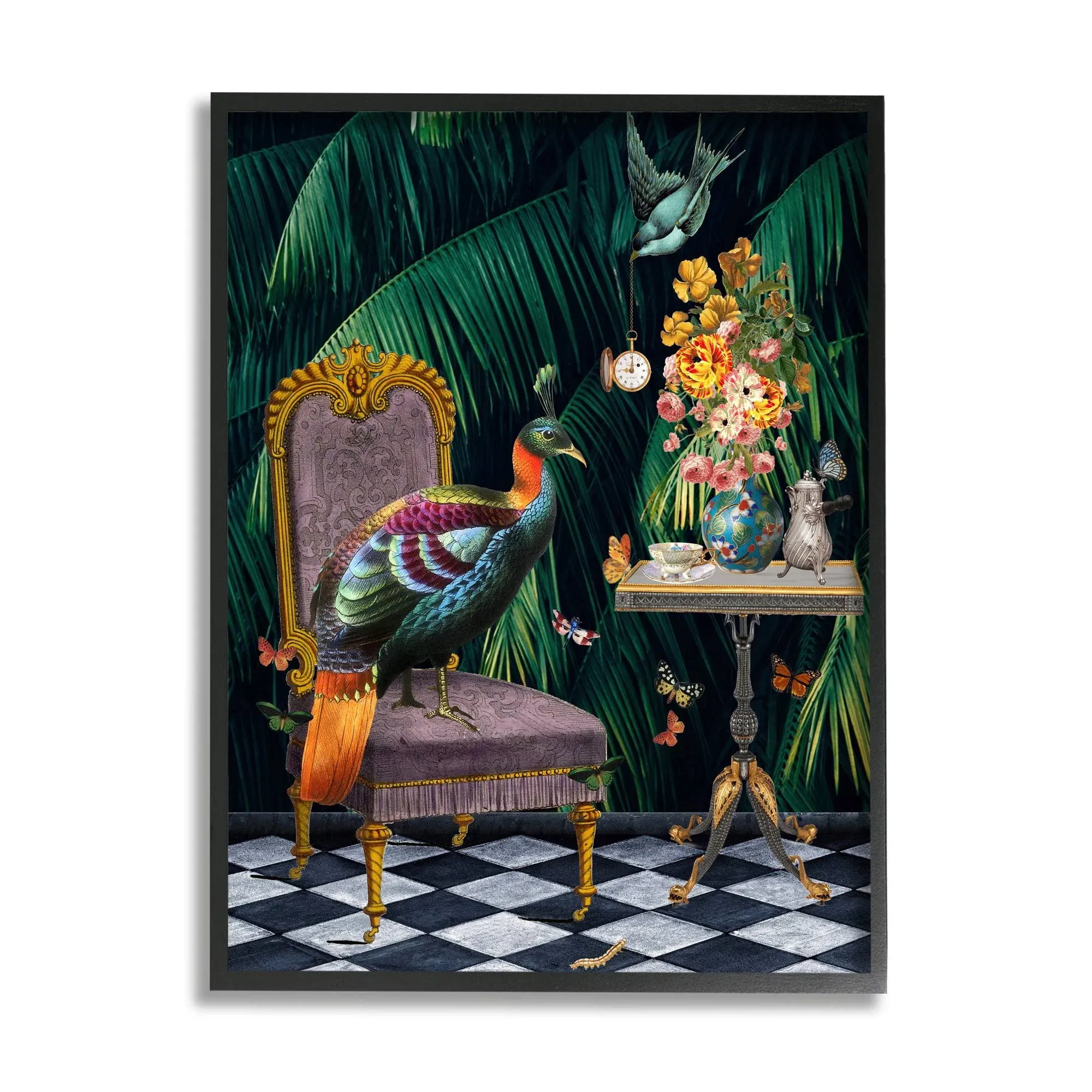 Stupell Industries Regal Peacock on Chair Falling Palm Fronds Black Framed Wall ...