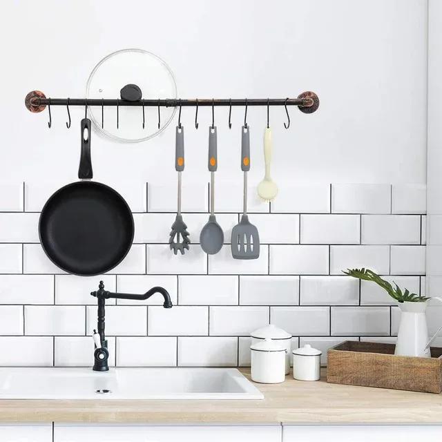 Wall Hanging Pot Rack, Industrial Pipe Pot Rack Wall Mounted, Kitchen Pot Lid Organizer, Hanging Rail Cookware Rack with 14 S Hooks, Bronze