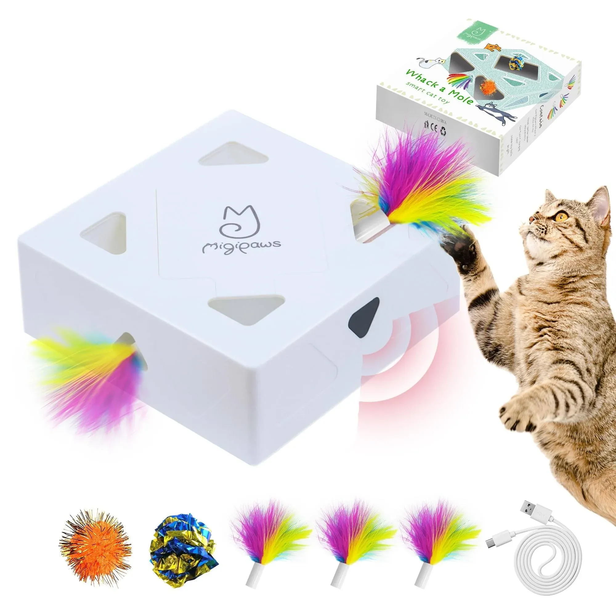 Migipaws Cat Toys, Interactive Automatic 7 Holes Mice Whack-a-Mole, Ultra Fun Smart Teaser Toy for Indoor Cats, USB Rechargeable, 4 Pieces Feather