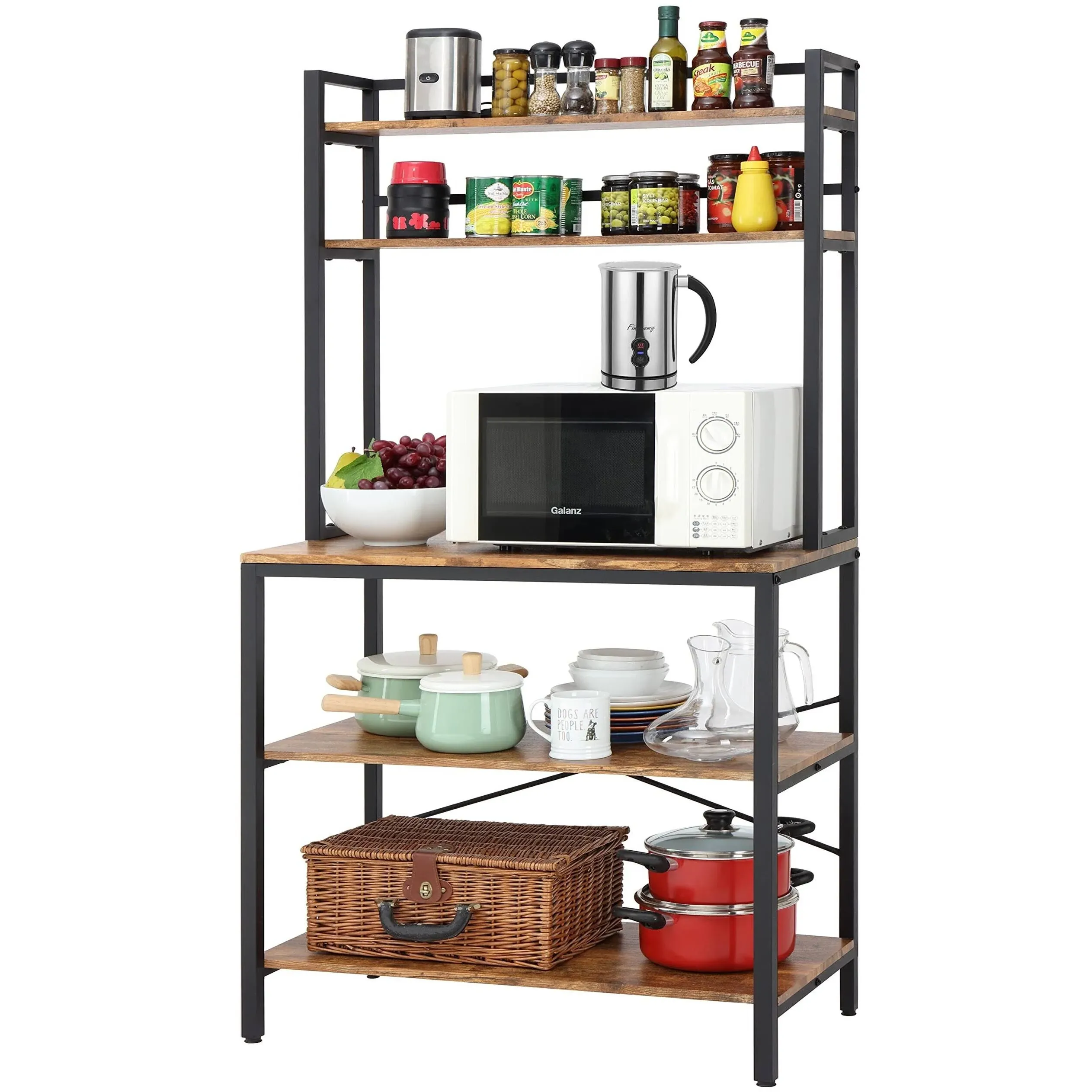 5-Tier Kitchen Bakers Rack with Storage, Freestanding Microwave Oven Stand with Hutch, Wood Kitchen Rack with Shelves - Rustic Brown