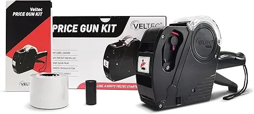 Veltec Price Gun Starter 1-Line, 8 Digits – Includes 2000 White Labels, 1 Inker and Starter Labels Preloaded, and Extra Ink Roller