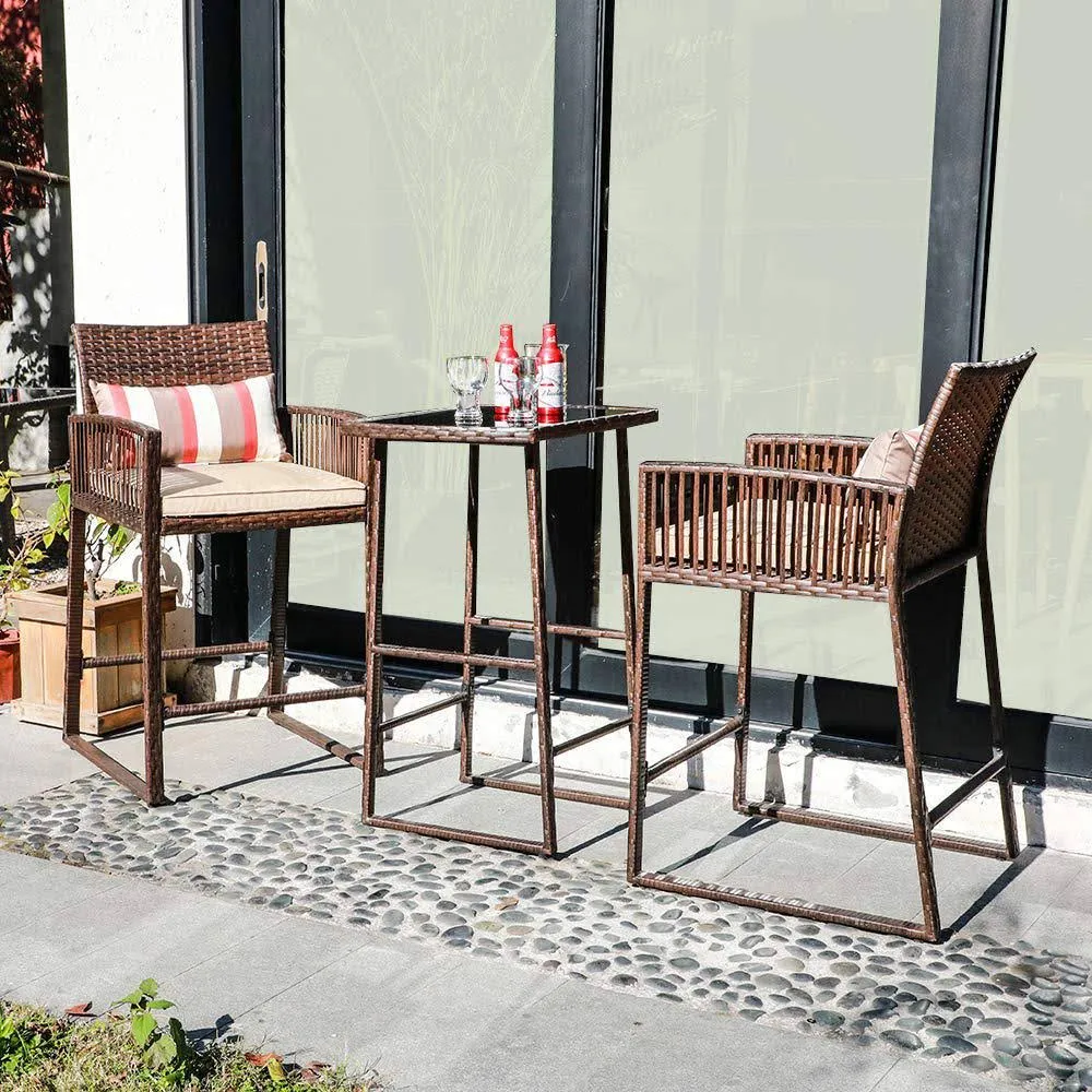 Sunsitt 3-Piece Outdoor Wicker Bar Height Table Set, 2 Bar Stools with Cushions, Elegant Glass Top - Durable Steel Frame