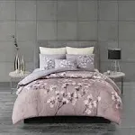 N Natori - Sakura Blossom 3 Piece Cotton Sateen Printed Duvet Cover Set - King - Lilac