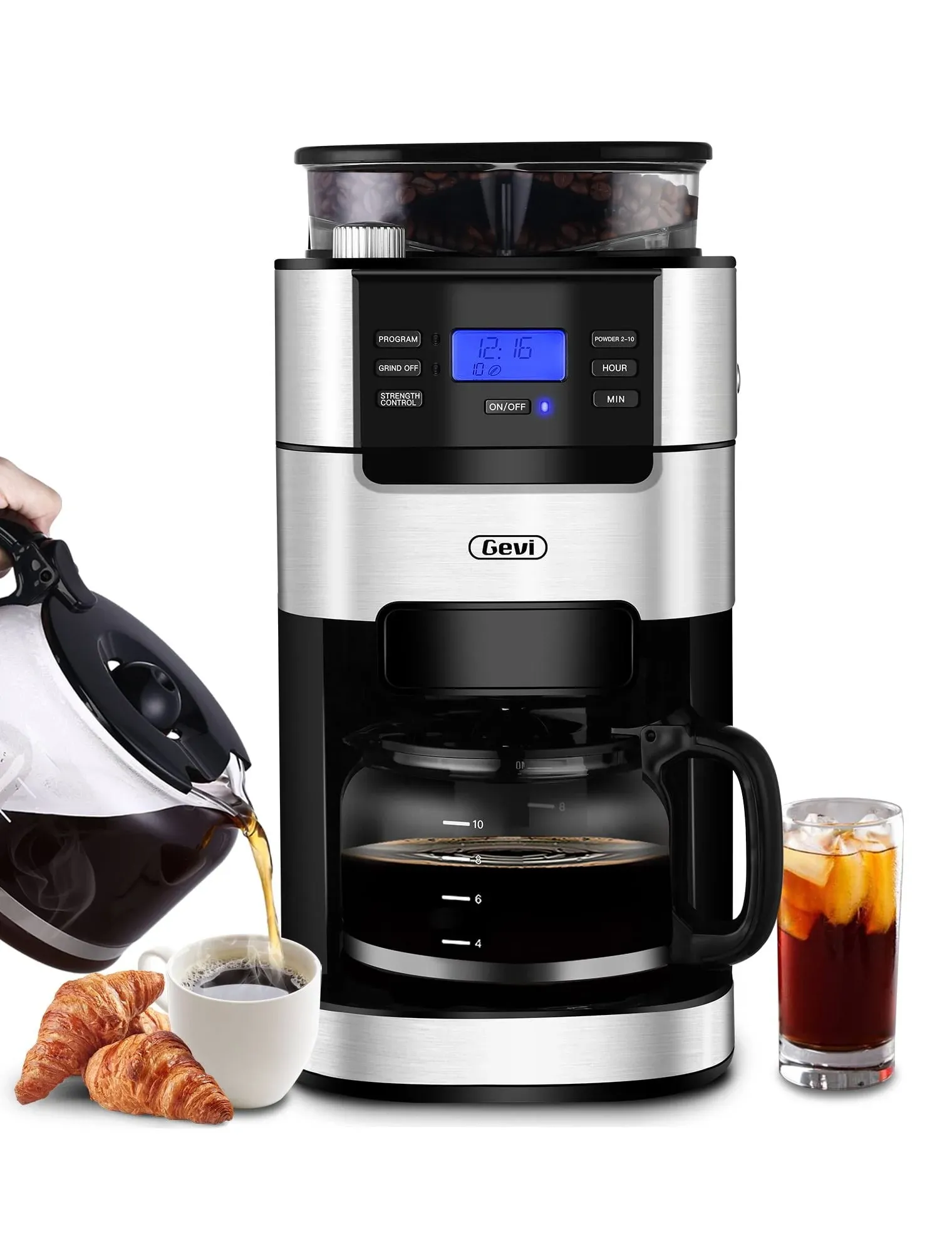 Gevi 10-Cup Programmable Grind and Brew Coffee Maker, Black