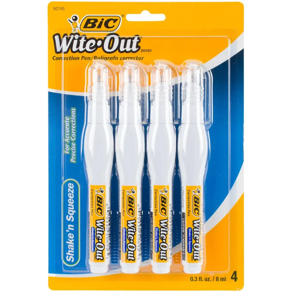 Wite-Out Shake 'n Squeeze Correction Pen, 8 mL, White, 4/Pack Bic