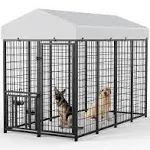 ROOMTEC Large Dog Kennel Outdoor Pet Pens Dogs Run Enclosure Animal Hutch Metal Coop Fence with Rotating Bowl (4'L x 4'W x 4.25'H)