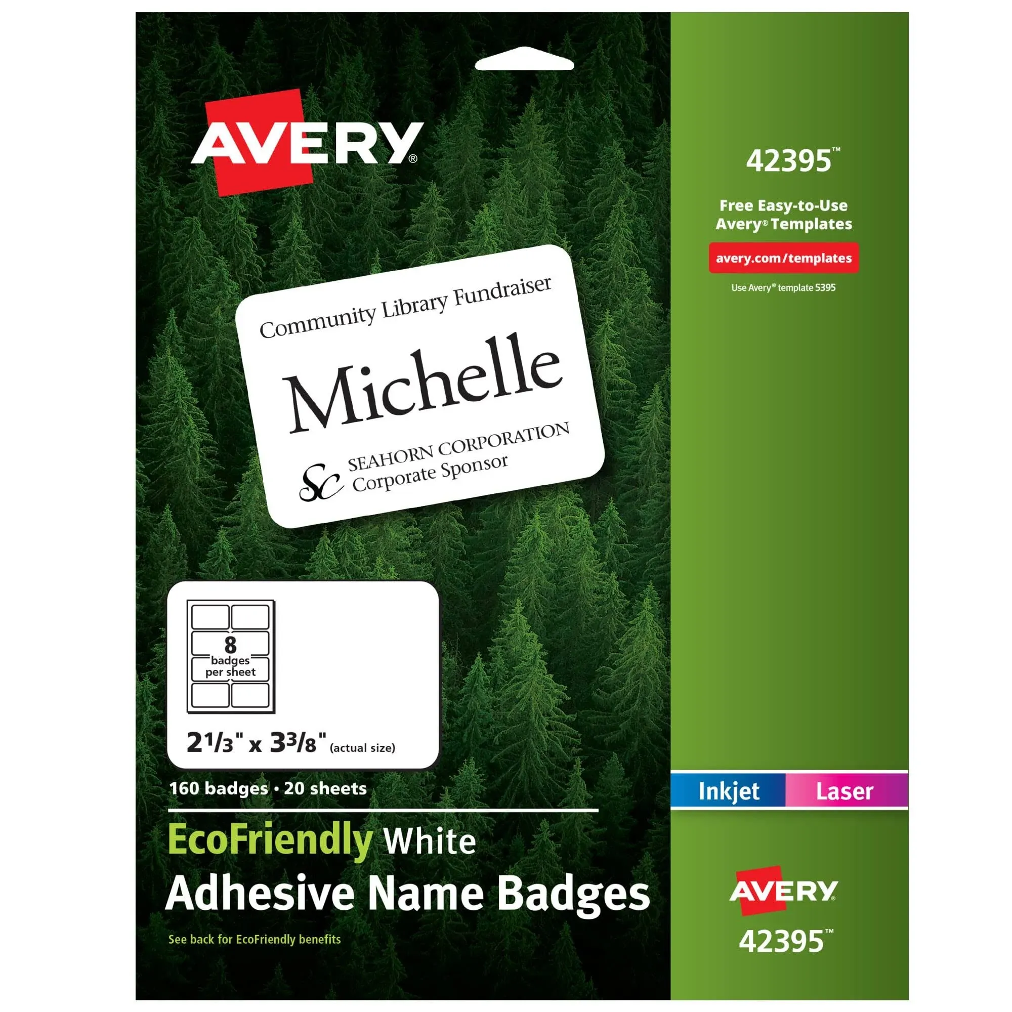 Avery 42395 Ecofriendly Adhesive Name Badge Labels, 3.38 x 2.33, White, 160/Box