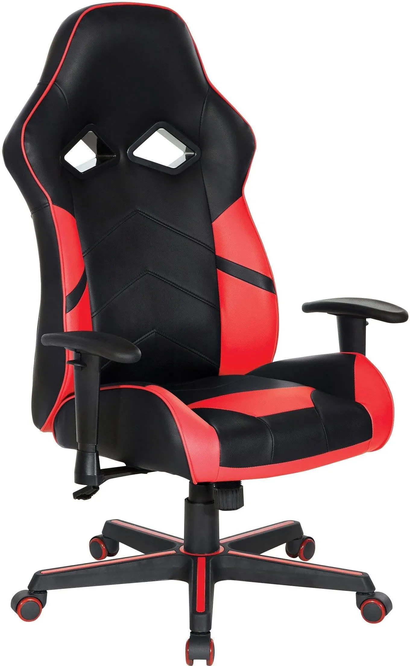 OSP Home Furnishings Vapor Ergonomic Adjustable High Back Faux Leather Gaming Chair with Coil Spring Seat and Integrated Cooling Airflow, Red Accents