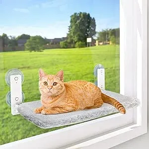 AMOSIJOY Cordless Cat Window Perch, Cat Hammock with 4 Suction Cups, Solid Metal Frame and Reversible Cover, Foldable Cat Beds for Indoor Cats