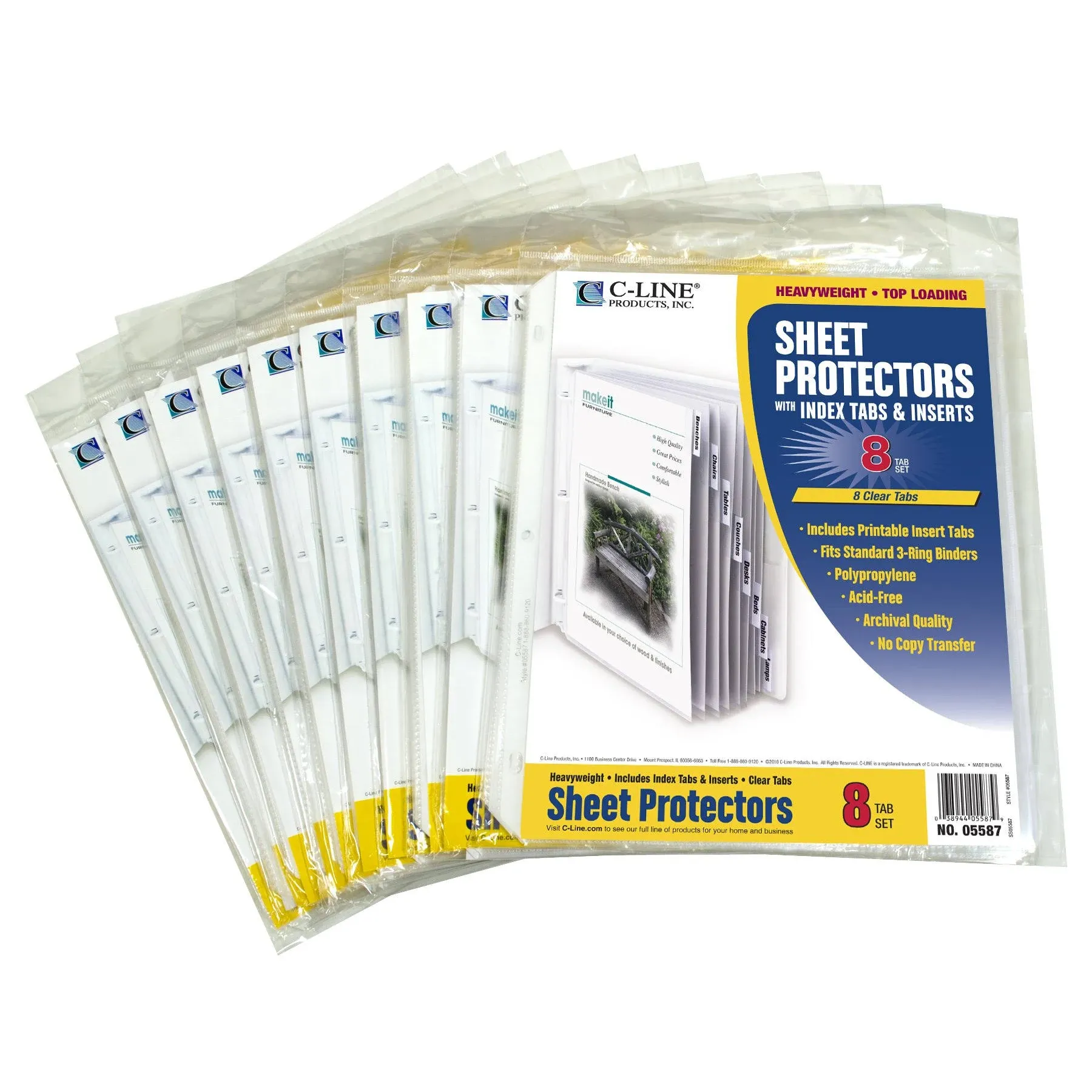 C-Line Top Loading Sheet Protectors with Tab Inserts (CLI05587), Clear, 8-Tab