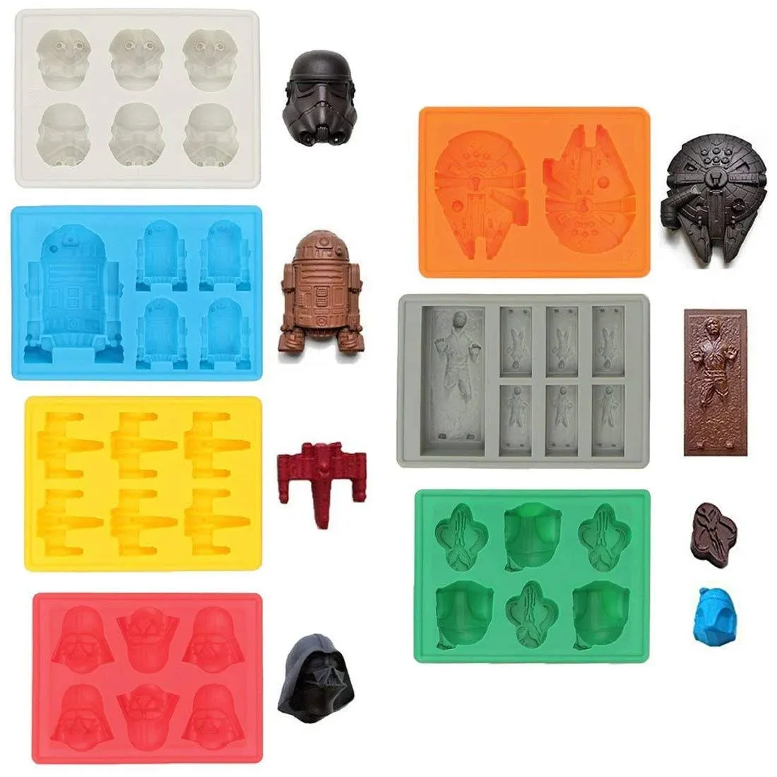 Star Wars Character Ice Cube Molds Silicone Molds Ideal for Chocolate, Ice Cubes, Jelly, Candy, Desserts, Bakeware, Soap and Candles (Set of 7 Molds)