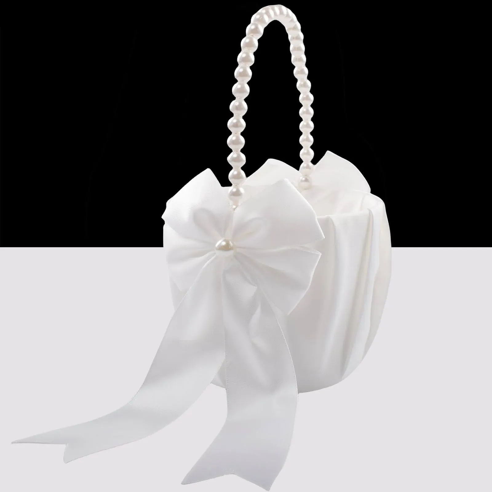 Papoopy Flower Girl Basket for Wedding with Pearl Handle (Ivory - Bowknot)