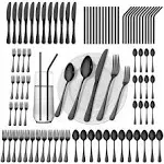 84 Pieces Black Silverware Set Service for 12 Flatware Set with Straws Stainless Steel Utensils Cutlery Set Dishwasher Safe