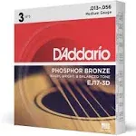 D'Addario EJ17-3D Phosphor Bronze Acoustic Guitar Strings, Medium, 13-56, 3 Sets