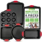 NutriChef 6-Piece Nonstick Bakeware Set Carbon Steel Baking Tray w/ Heat Safe Red Silicone Handles