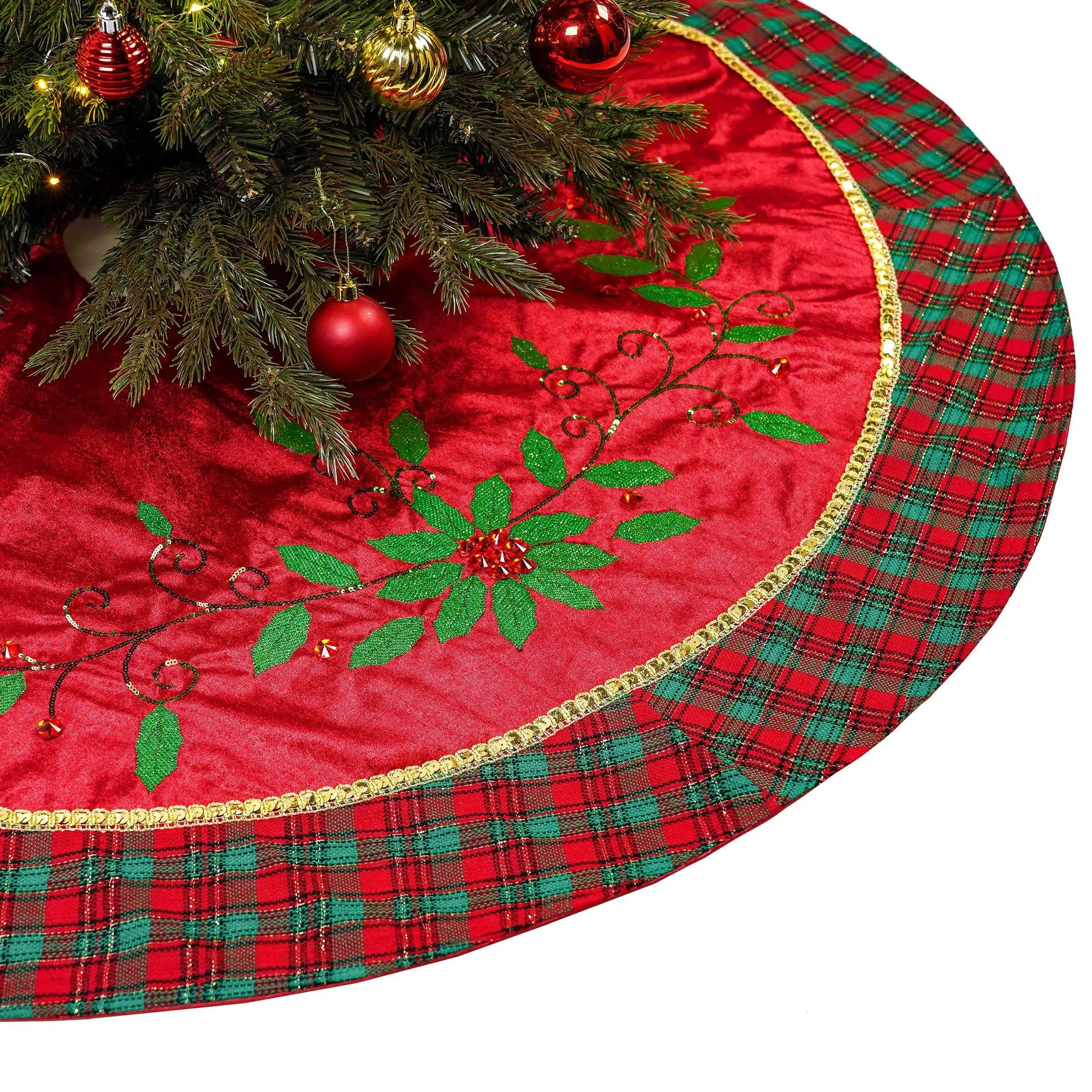 Valery Madelyn 48 inch Traditional Red Green Gold Large Christmas Tree Skirt Decorations with Holly Leaves Pattern and Tartan TR