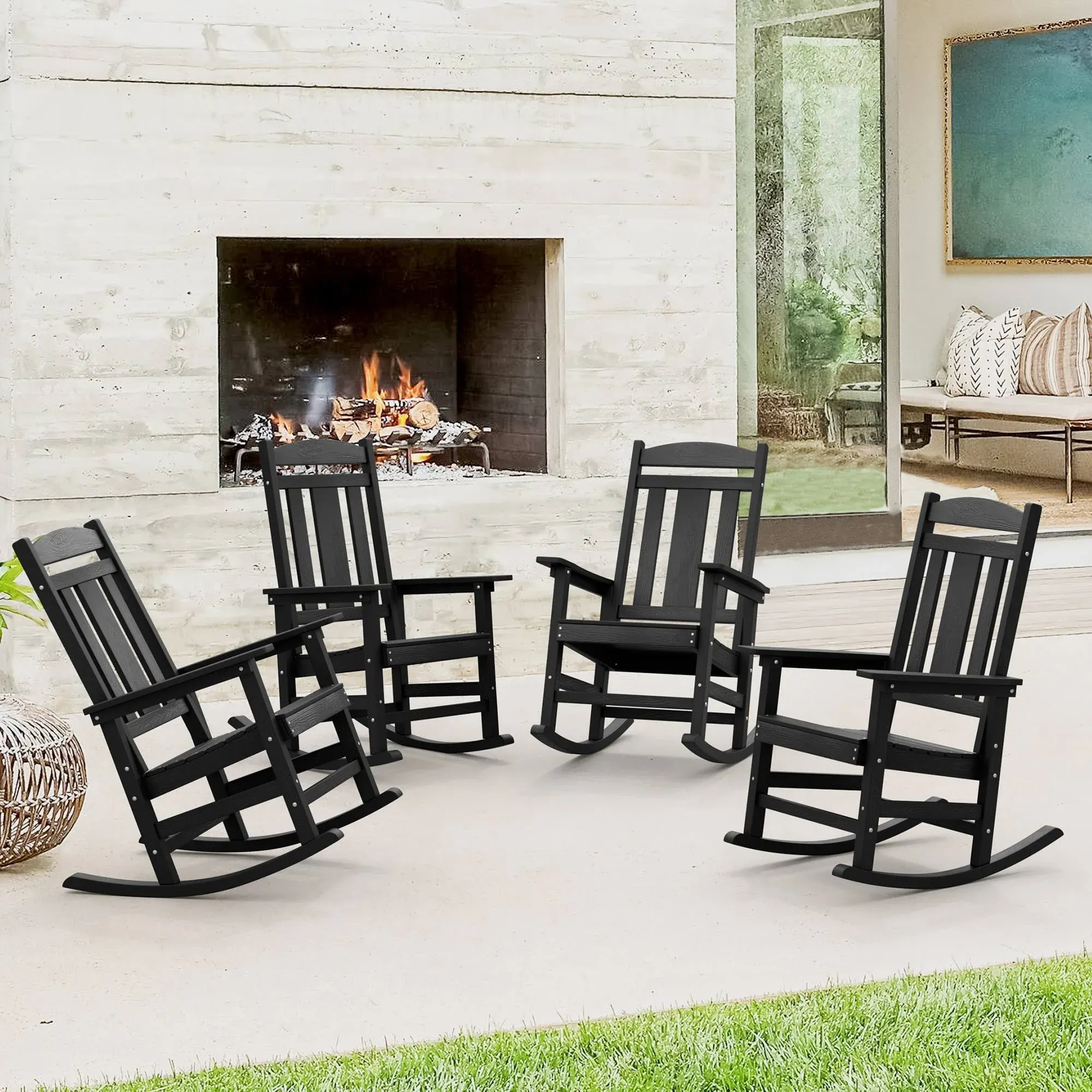 LUE BONA Outdoor Rocking Chairs Set of 4, Weather Resistant HDPS Poly Rocker Chairs, 350lb Heavy Duty, Oversized Porch Rocker for Adult, High Back Smooth Rocking Chairs for Outdoor & Indoor, Black