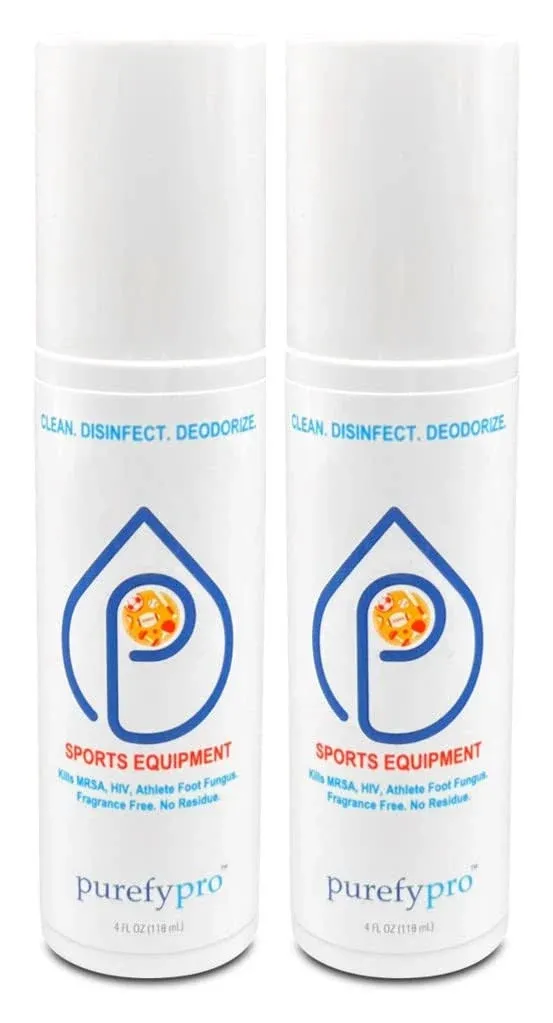 Purefypro Sports Equipment Disinfectant Spray - (4oz, 2pk) Kills 99.9999% MRSA, Hiv, Athlete Foot Fungus, Virus and Fungi. No Rinse, No Residue. Great