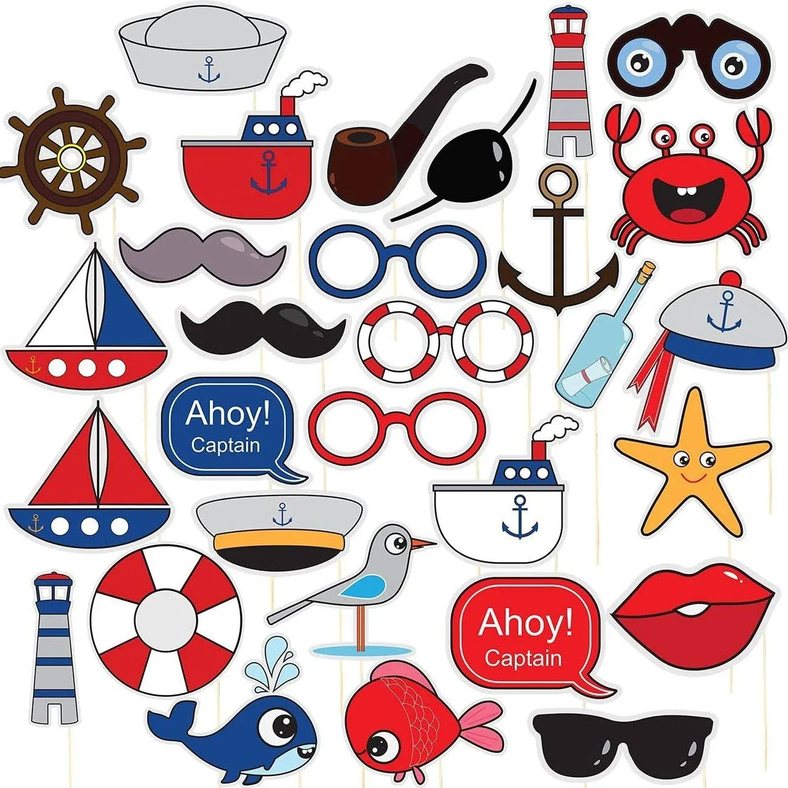 Nautical Pre-Assembled Photo Booth Props - 30-Pack Pre-Made Ocean Theme Party Supplies, Sailor Party Favors, Anchor Props, Kids Birthday Decoration