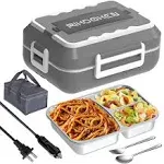 RIKDOKEN 60W Faster Electric Lunch Box Food Heater, Portable, Stainless Steel, 1.5L Capacity, Leak-Proof, with Spoon, Fork