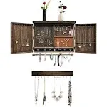 Rustic Wall Mounted Jewelry Organizer with Wooden Barndoor Decor,Wooden Wall Mount Holder,Jewelry holder for Necklaces, Earings, Bracelets, Ring Holder (BROWN)