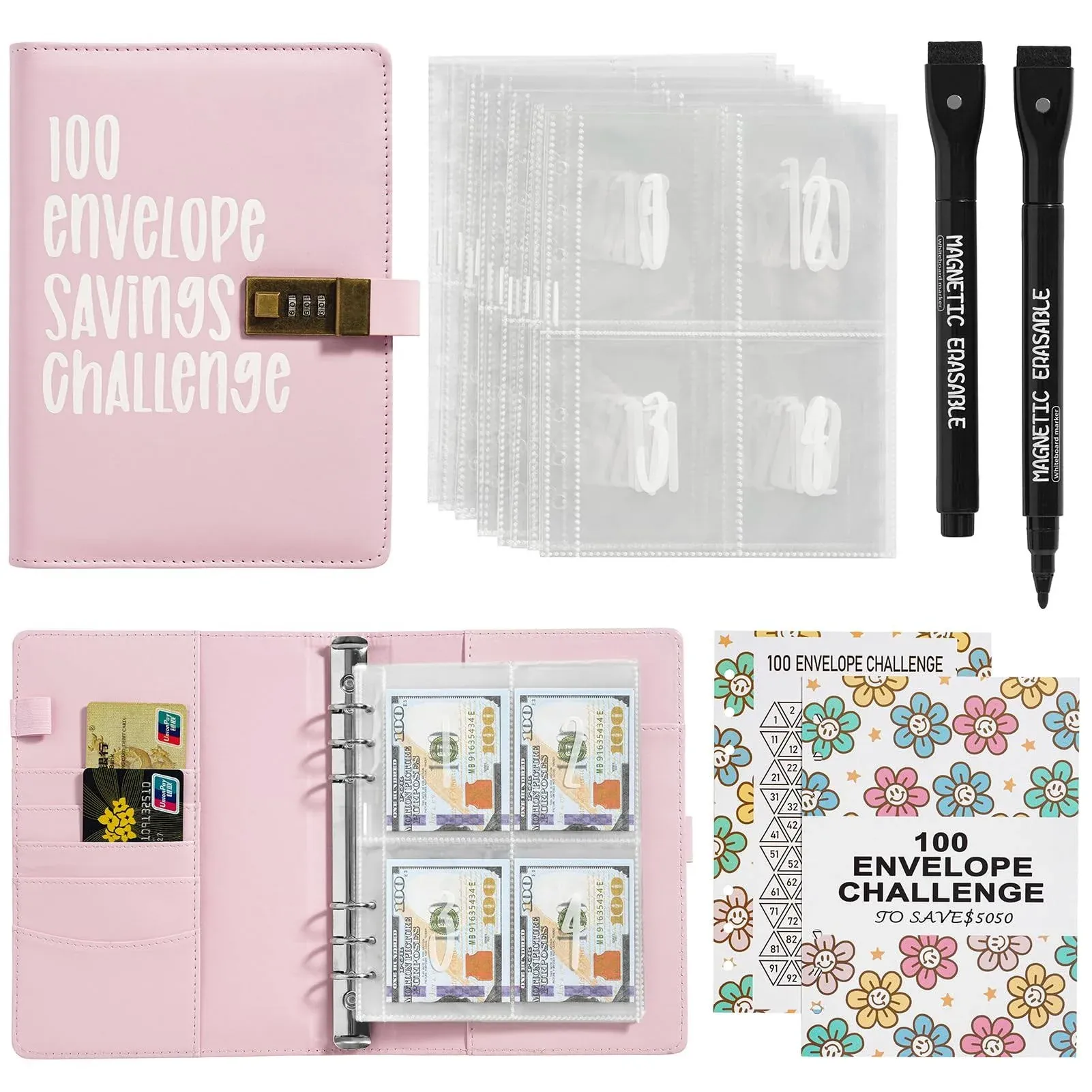 Envelopes Savings Challenge Binder with Code Lock, Money Saving Binder, Money Challenge Binder with Envelopes, 100Days Savings Challenge(Pink)