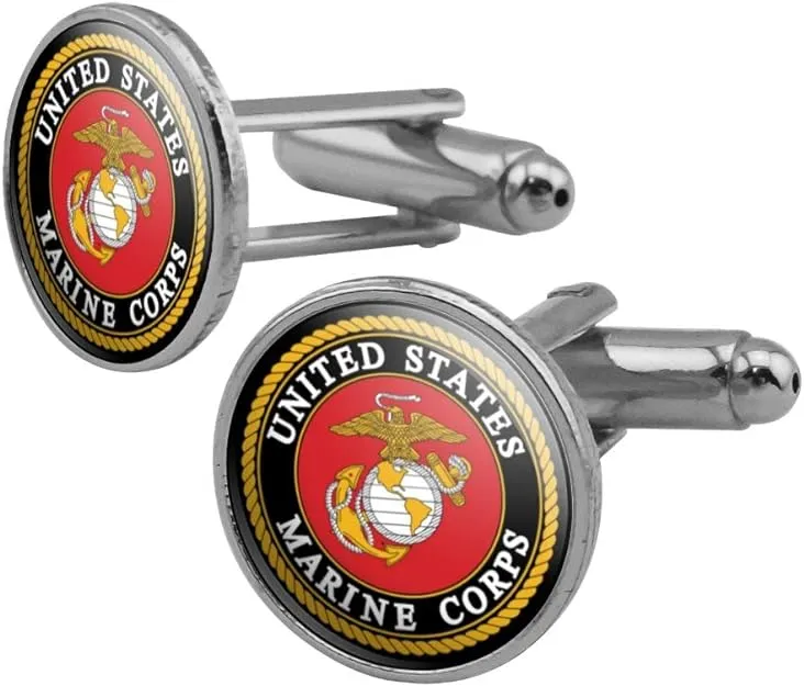 Marines USMC Emblem Black Yellow Red Officially Licensed Round Cufflink Set Silver Color