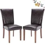 COLAMY Upholstered Parsons Dining Chairs Set of 2, PU Leather Dining Room Kitchen Side Chair with Nailhead Trim and Wood Legs - Dark Brown