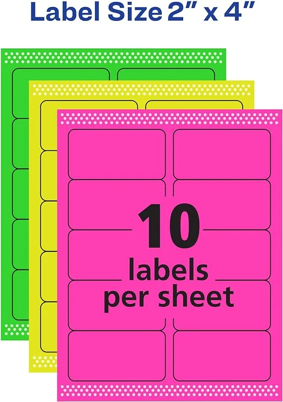 Avery High-Vis Removable Laser/Inkjet ID Labels, 2 x 4, Asst. Neon, 120/Pack