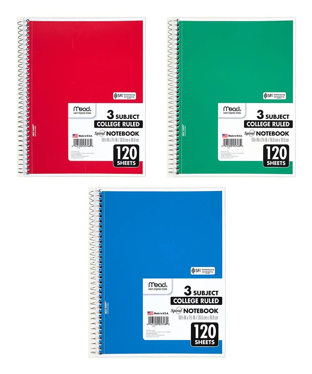 Merchandise 65194708 Mead 3 Subject College Ruled Notebook&#44; 10 x 8 in. - 120 Sheets