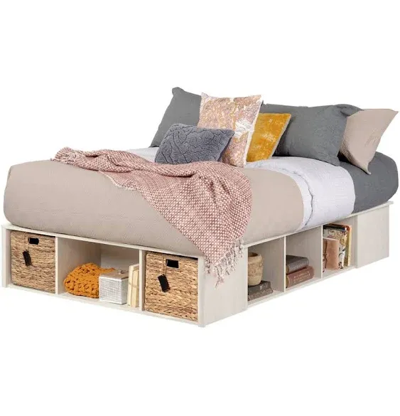 Full Avilla Storage Bed with Baskets Winter Oak/Rattan - South Shore: 9-Space Organizer, No Box Spring Required