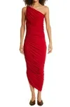 Shop Norma Kamali Ruched Detail Asymmetric Dress In Red