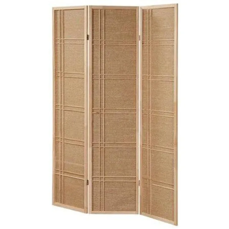 Legacy Decor 3 Panel Fabric In-Lay Wooden Screen Room Divider Natural Finish