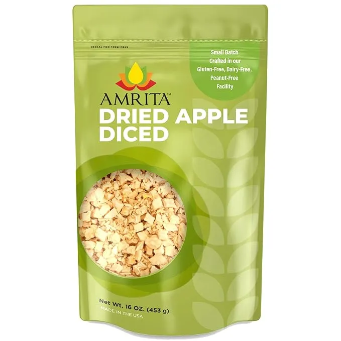 Amrita Dried Apples Diced 16 oz No Sugar Added, Vegan, Non-GMO, Gluten Free, Peanut Free, Soy Free, Dairy Free Packed Fresh in Resealable Bags D